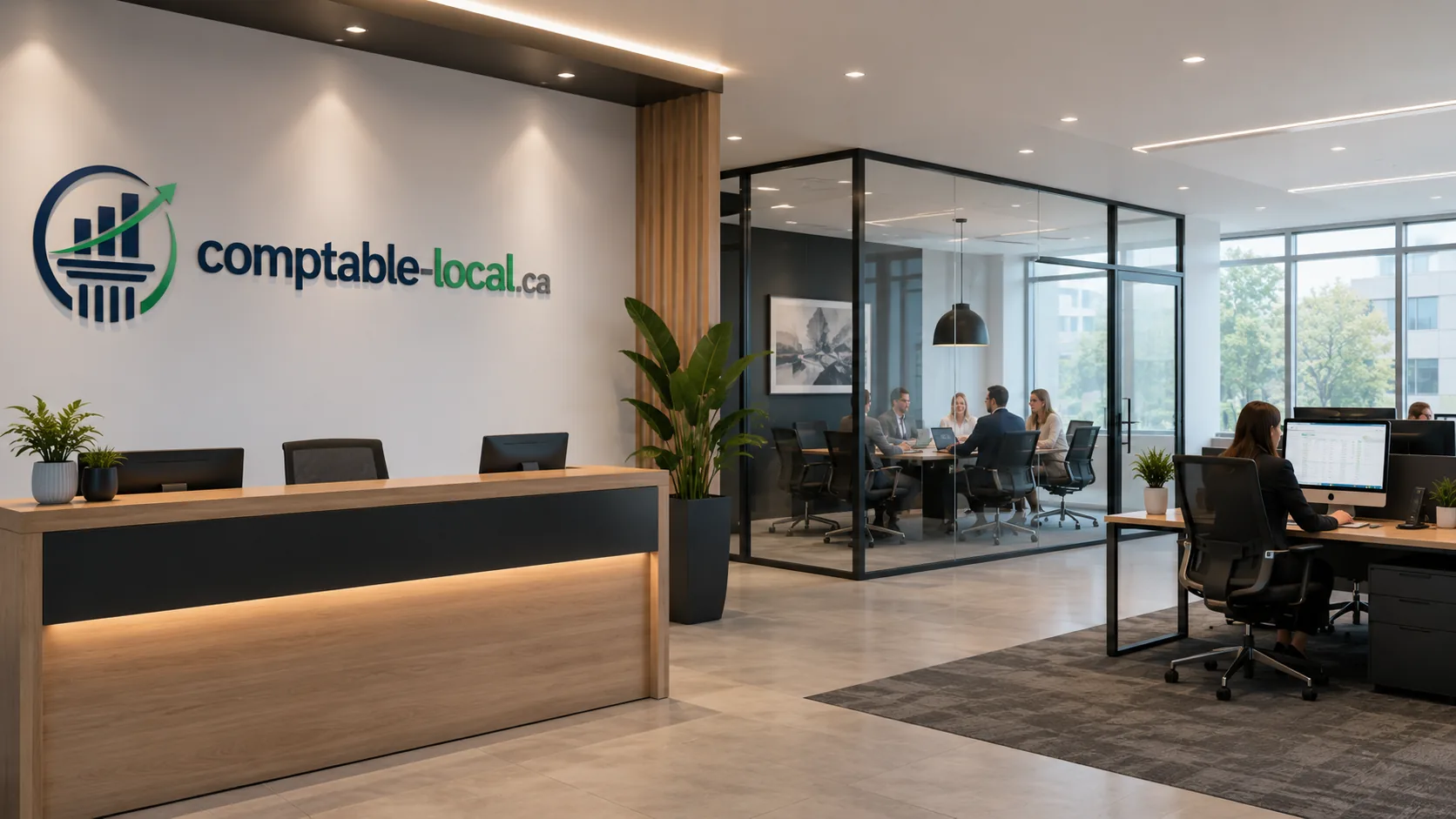Bureau d'un cabinet de services comptables, accueil et espaces de travail